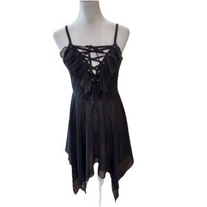 Killstar Gothic Witchy Corset Lace Up Ruffle Handkerchief Hem Black Midi Dress M